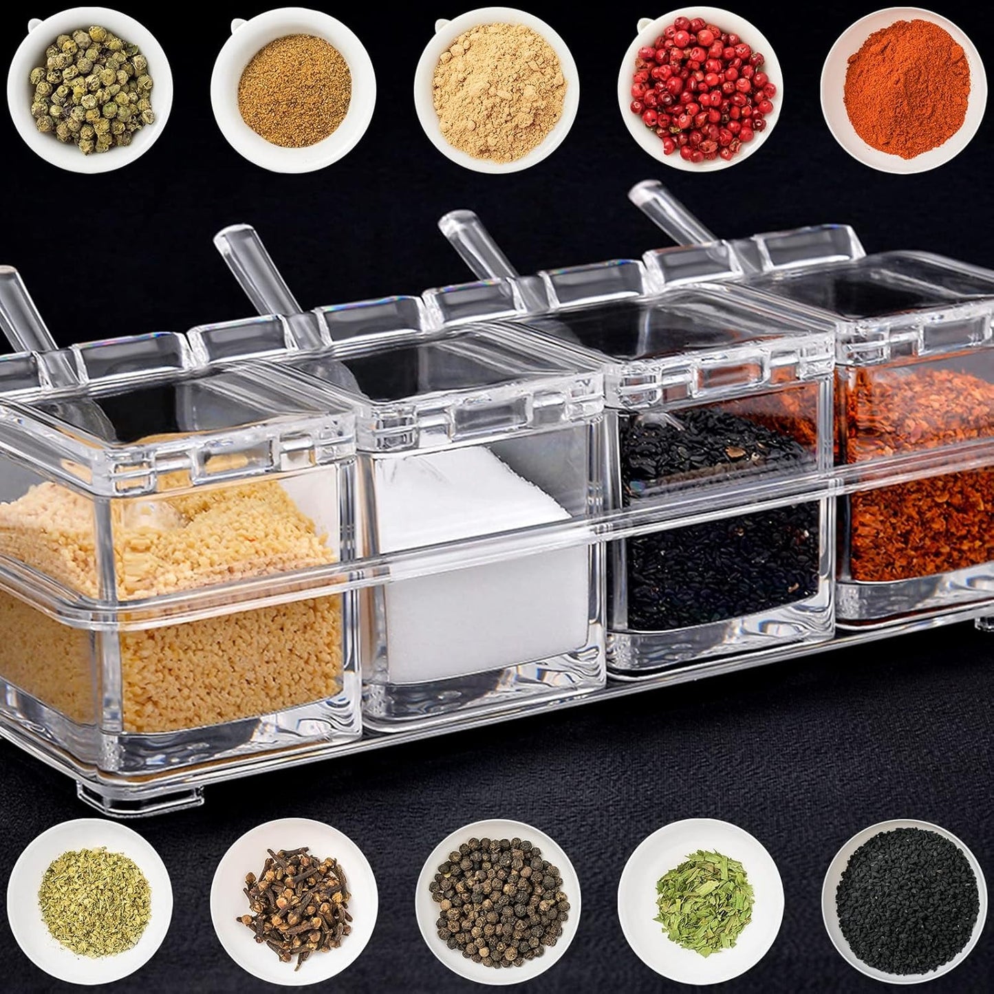 Crystal Seasoning Box With 4 Compartments and Spoons