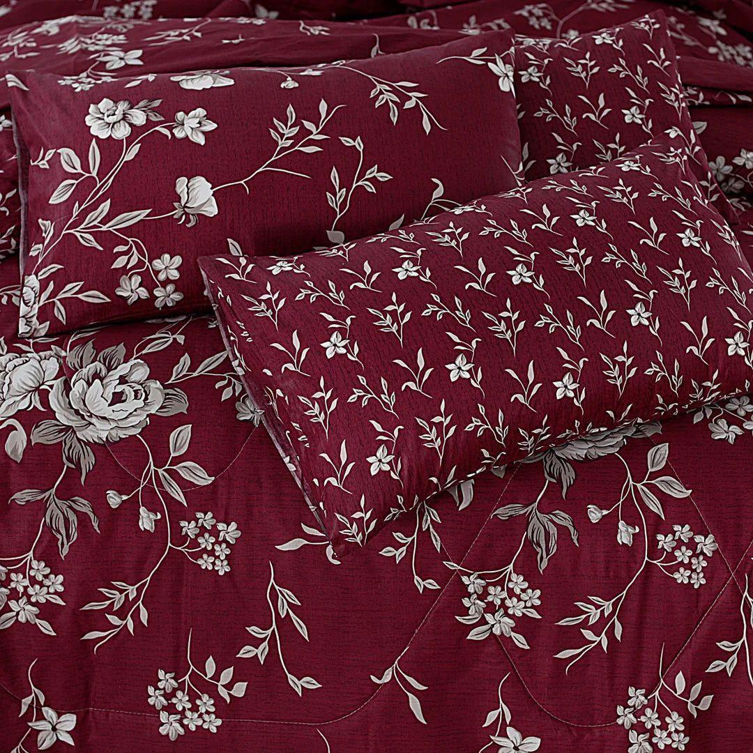 7 Pcs Cotton Salonica Printed Comforter Set - Maroon