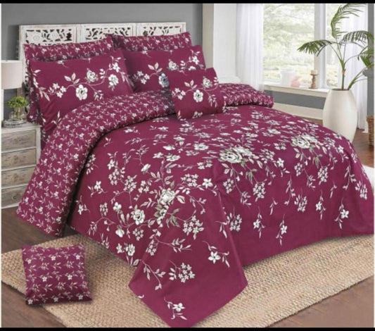 7 Pcs Cotton Salonica Printed Comforter Set - Maroon