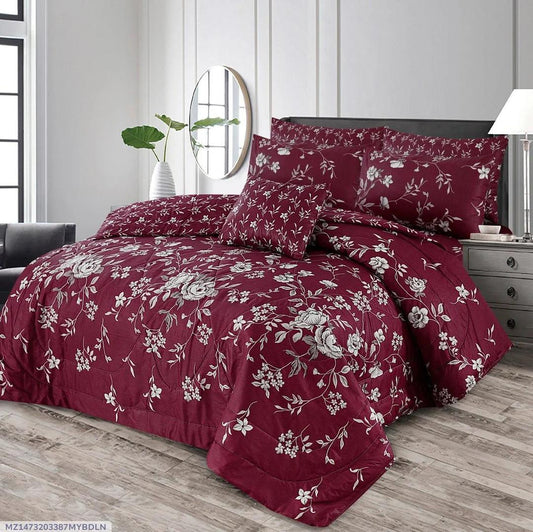 7 Pcs Cotton Salonica Printed Comforter Set - Maroon