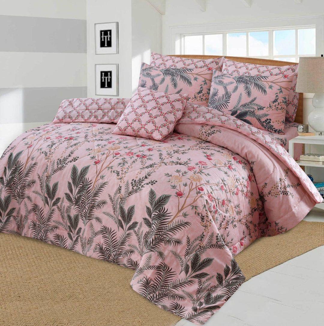 7 Pcs Cotton Salonica Printed Comforter Set-Pink