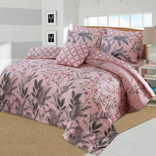 7 Pcs Cotton Salonica Printed Comforter Set-Pink